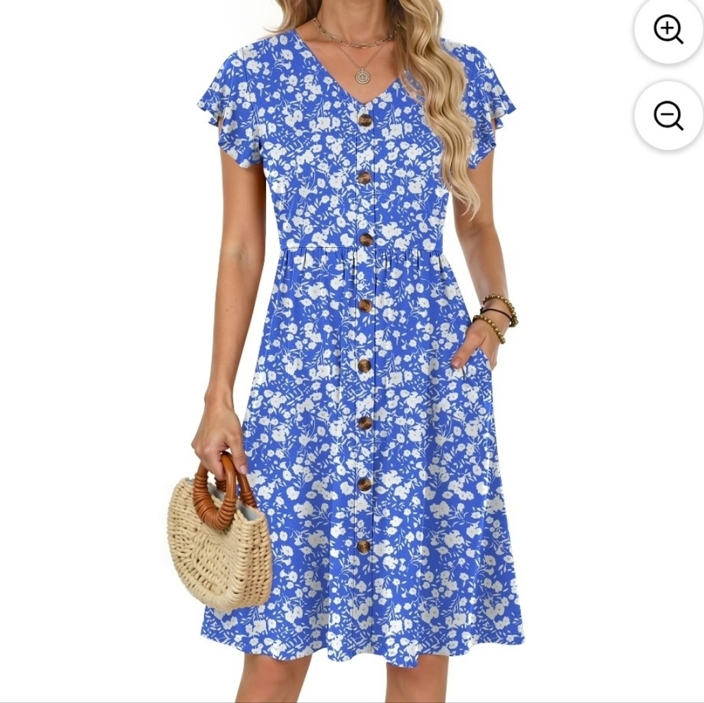 Summer Floral Blue Button-Down Dress, Pockets And Ruffle Sleeves, Size Large